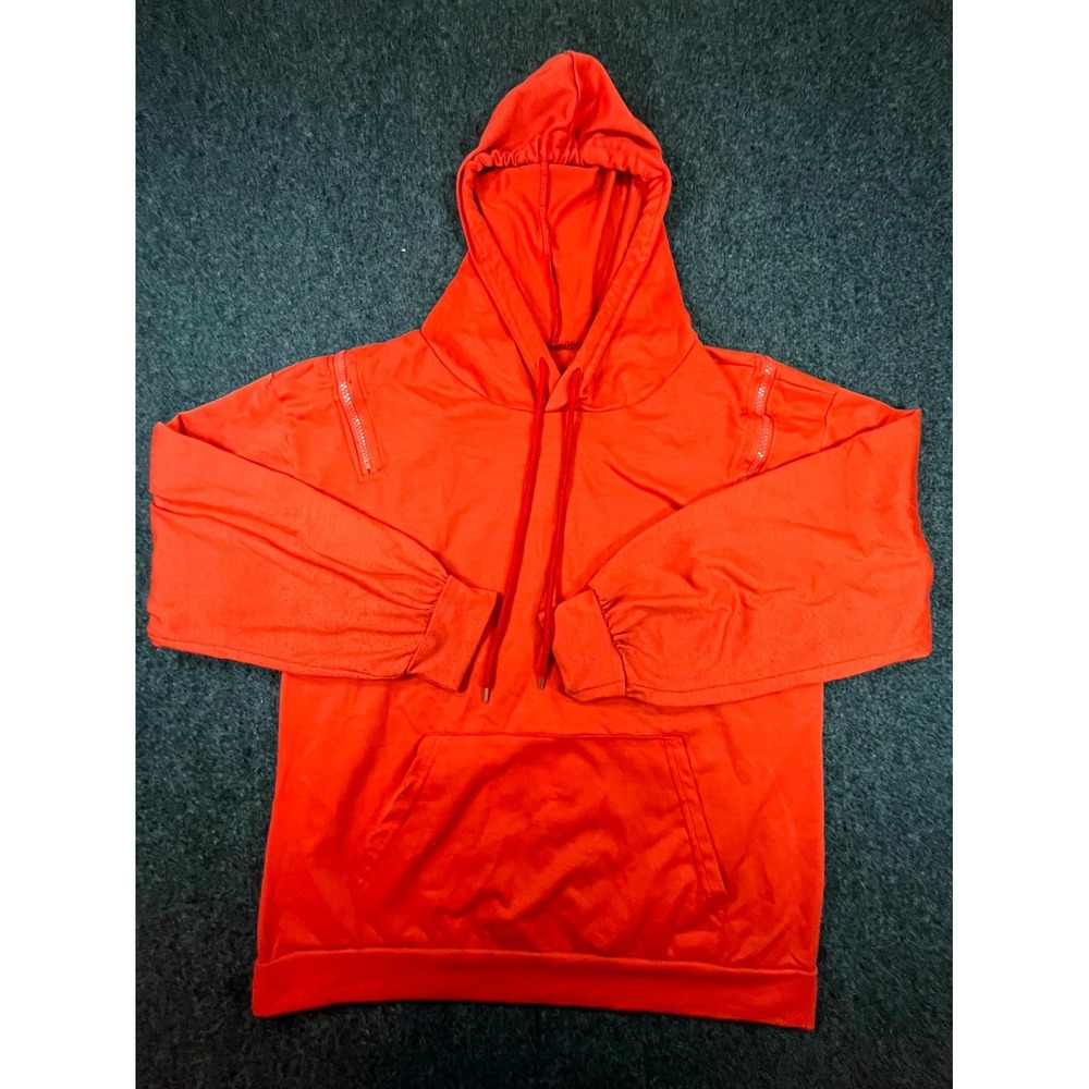Womens Hoodie M/L Red Orange Shoulder Zip Kangaroo Pockets Drawstring Pullover
